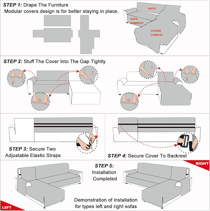 Genina Waterproof L Chaise Sectional Cover for Kids Pets (Dark Gray, X-Large) - Image 3