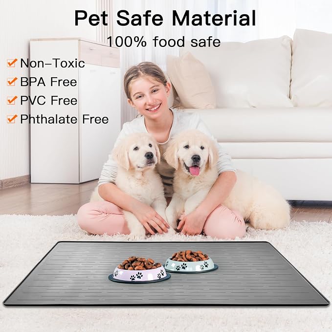 48" x 32" Largest Pet Food Mat, XXXL Silicone Dog Mats for Food and Water, Nonslip Pet Feeding Mats for Floors,Dog Cat Bowl Mat with Raised Edges, Gray White - Image 4