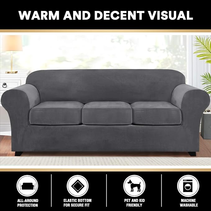 PrinceDeco Velvet Couch Covers for Sofa Soft 4 Pieces Couch Covers for 3 Cushion Couch Sofa Pet Friendly Furniture Protector with Non Slip Elastic Bottom Width Up to 90 Inch (Large, Grey) - Image 6