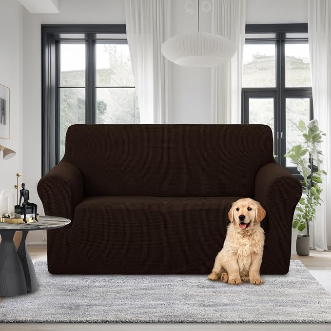 U-NICE HOME Loveseat Cover Stretch Couch Cover Sofa Slipcover, Chocolate | Furniture protector, 2 Cushion Sofa, 1-Piece Sofa cover, Washable, Pet friendly, Polyester Spandex Jacquard fabric - Image 2