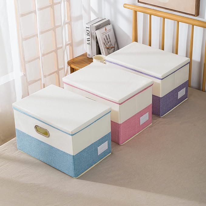 PRANDOM Collapsible Storage Bin with Lid [3-Pack] Fabric Foldable Storage Box Organizer Container Basket Cube with Cover for Home Bedroom Closet Office Nursery Purple&Cream(14.9x9.8x9.8) - Image 7