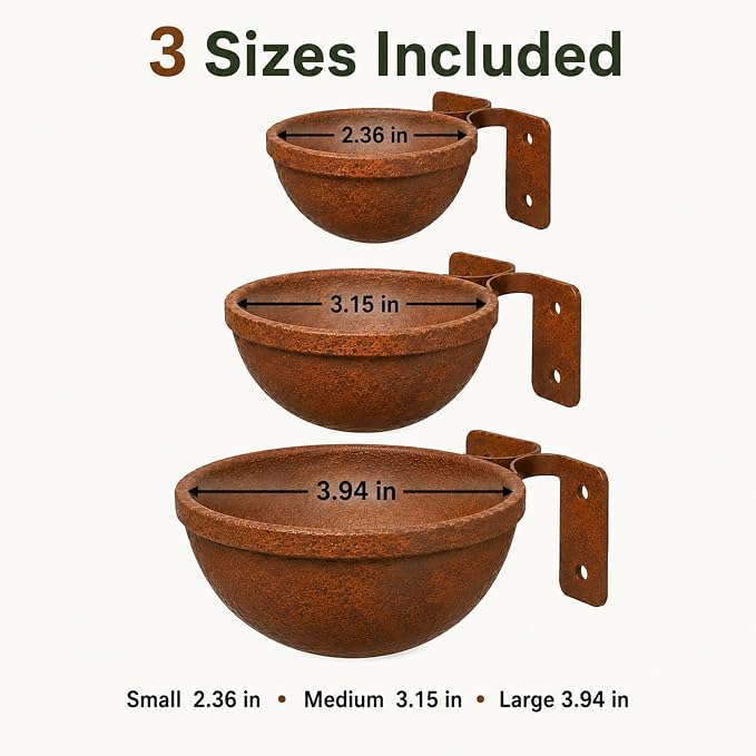 Rustic Wall Mounted Bird Feeder Bowls 3 Pack, Metal Bird Bath & Bird Seed Bowls for Wall, Fence or Tree, Vintage Outdoor Bird Water Feeder Set with Screws for Garden Decor - Image 2