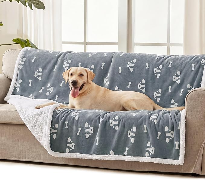 Luciphia Waterproof Dog Blanket Reversible Sherpa Fleece for Small Dogs Cat | Soft Print Pet Blanket Washable Pee Proof, Furniture Protector for Couch Sofa Bed Car, Cozy Throw(65" x 57", Grey) by luciphia