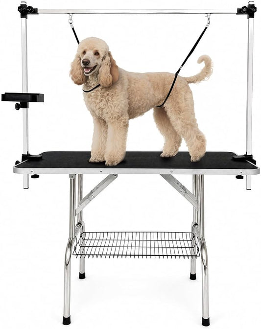46" Foldable Dog Grooming Table with Adjustable H-Frame Arm & 2 Nooses, Heavy-Duty Stainless Steel Frame, Non-Slip Top, Tool Caddy and Mesh Tray, Black by BaoheDC