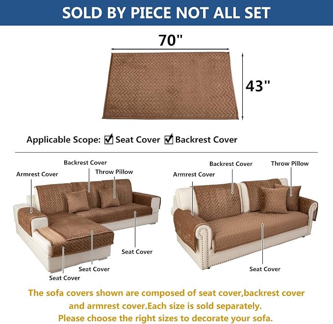 Eismodra Couch Cover,Sectional Couch Covers,Sofa Covers for 3 Cushion Couch,Anti-Slip Sofa Slipcovers for Dogs Cats Kids Loveseat Recliner L Shaped Armrest Backrest,Brown 43''x70''(Only 1 Piece) - Image 5