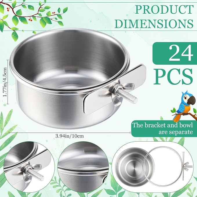 Ziliny 24 Pcs Stainless Steel Parrot Food Bowls Bulk 10 oz Bird Feeding Dish Cups for Cages Bird Bowls with Clamp Pet Water Feeders Cage Accessories for Parakeet Parrot Budgie Rabbit Chicken - Image 3