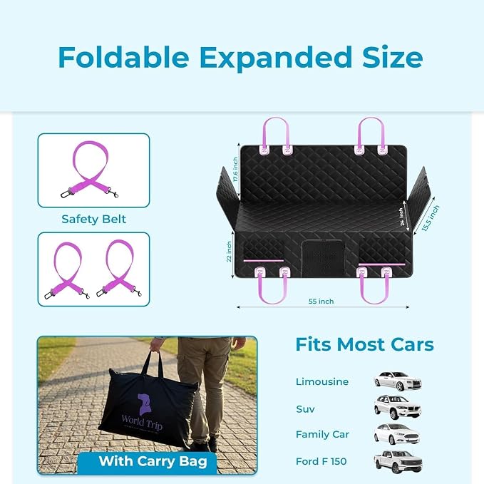 World Trip Dog Car Seat Cover for Back Seat, Hard Bottom 450 LB, 2026 Upgraded Oxford Fabric, Back Seat Extender for Dogs, Mesh Window, Waterproof Scratchproof, Extra Hair Glove, Fits Cars SUVs Trucks - Image 2