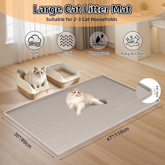 Silicone Cat Litter Mat 47" x 35" Cat Mat for Litter Box, Khaki | Extra Large Cat Litter Trapping Mat for Floor, Waterproof, Non-Slip Kitty Litter Box Mat with Raised Edge, Easy to Clean - Image 2