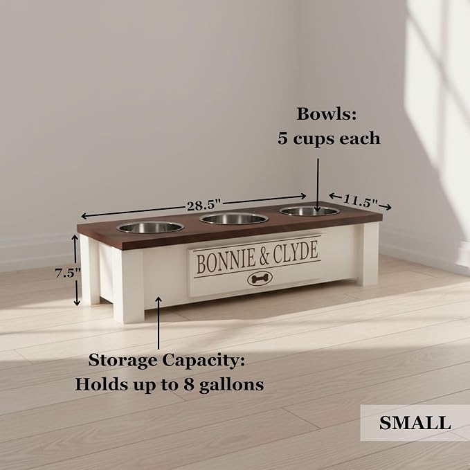 3 Bowl Dog Feeding Station, Personalized Triple Bowl Food Stand Small Dogs | Farmhouse Style, Elevated Wood Stand, Storage Container, Stainless Steel Bowls, Raised Feeder, Small Breed, Made in USA - Image 5
