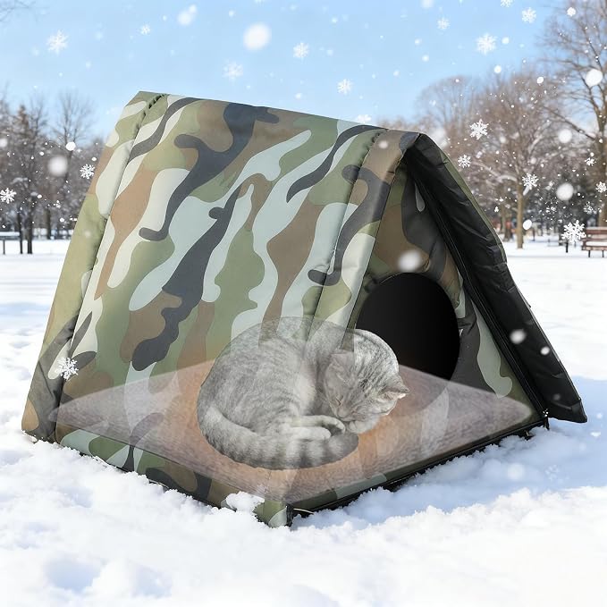 Cat Houses for Outdoor Cats,Self Heating Insulated Outdoor Cat House Weatherproof with Warm Mat for Feral & Stray Cats, Waterproof Cat Shelter Pet Tent Bed Cave for Hiding Outsides (Green) by LoopTime