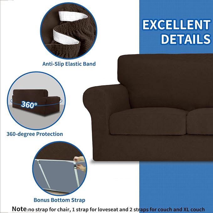 MAXIJIN 4 Piece Couch Covers for 3 Cushion Couch Sofa Covers, Stretch Couch Slipcovers for Sofas with 3 Cushions, Thick 3 Seat Furniture Protector for Dogs Pet (71"-91", Coffee) - Image 3
