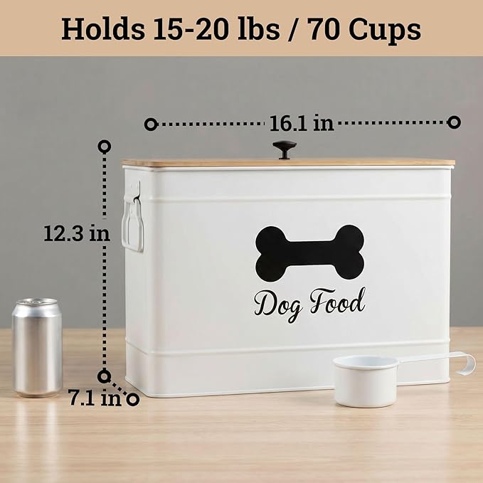 Metal Dog Food Container 15-20 lbs w/ Airtight Bamboo Lid, 70 Cup Capacity | Pet Jar For Dogs up to 100lbs, Airtight Bamboo Lid, Sturdy Comfortable Metal Handle, Powder Coated Iron, Kibble Storage Bin - Image 6