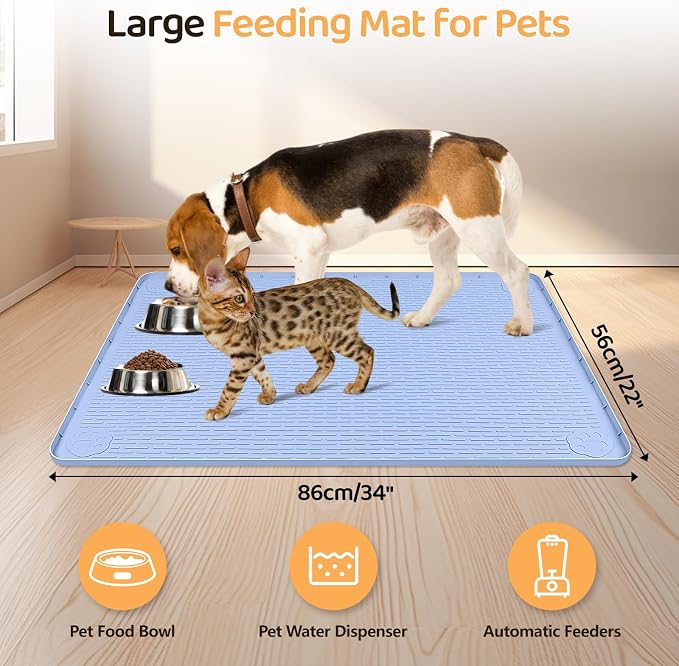 Dog Food Mat 34''x22'' Extra Large Dog Mat for Food and Water, Blue | Silicone Dog Bowl Mat with Raised Edge, Waterproof Non-Slip Pet Feeding Mat for Floors, fit for Dog Cat Bowls - Image 2