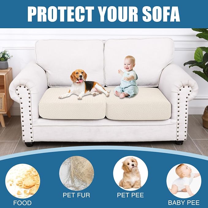 Smiry Waterproof Couch Cushion Covers, Non Slip Seat Cushion Covers | Stretch Jacquard Sectional Sofa Slipcover, Washable Elastic Furniture Protector for Pets, Kid, 2 Pieces, Light Beige - Image 5