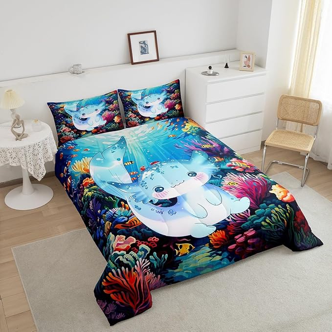 Manfei 3D Print Axolotl Queen Size Comforter Set 3 Pcs,Cute Blue Ocean Animal Salamander Down Alternative Bedroom Decor,Watercolor Undersea Coral Seaweed Ultra Soft Microfiber Inner Fill 3Pcs - Image 4