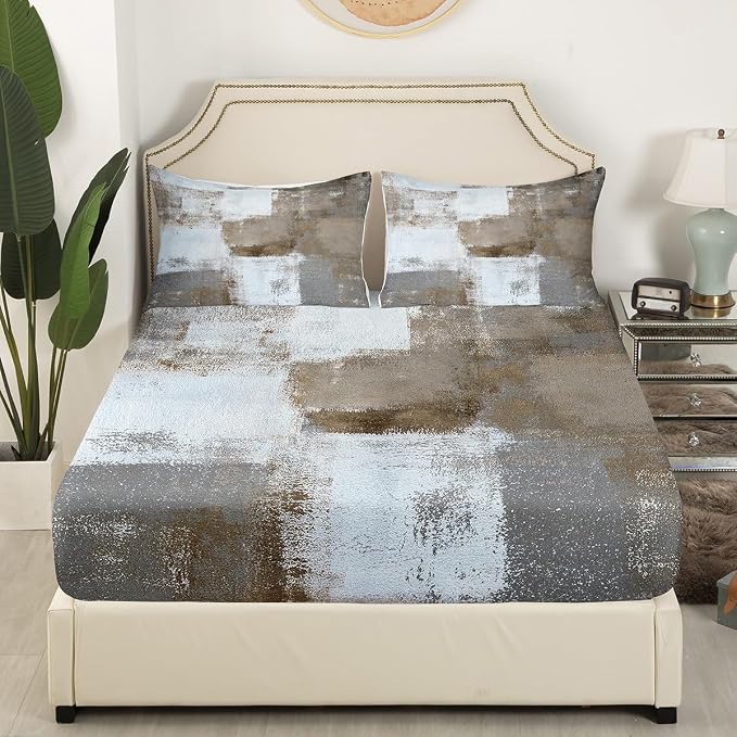 Erosebridal Watercolor Sheet Set Queen,Grunge Brown White Ombre Bed Sheets for Adult,Vintage Oil Painting Artwork Bedding Set Bedroom Decor,Contemporary Fitted Sheet + Flat Sheet + 2 Pillowcases - Image 3