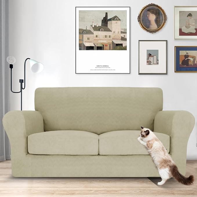 MAXIJIN 3 Piece Couch Covers for 2 Cushion Couch loveseat Cover, Stretch Love Seat Sofa Slipcovers for Dogs Pet, Thick Furniture Protector with 2 Seat Cushion (55"-69", Khaki) - Image 2