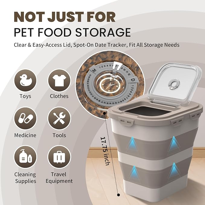 35-40Lbs Airtight Dog Food Storage Container,Collapsible Dog Food Container | Large Pet Food Storage Container with Lid,Wheels,Date Track,Keep Fresh for Rice,Flour,Sugar,Scoop,2PCS Container - Image 7