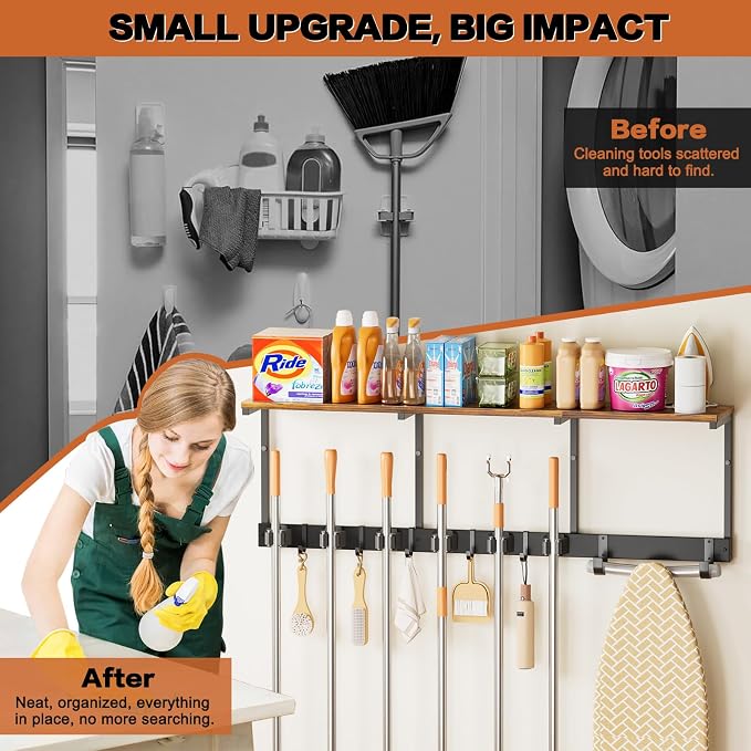 Broom Holder Wall Mount with Cleaning Supplies Organizer, Laundry Room Organization and Storage Shelves with Ironing Board Holder, Mop Hanger Broom Rack with Hooks, Home Improvement Garage Organizer - Image 5