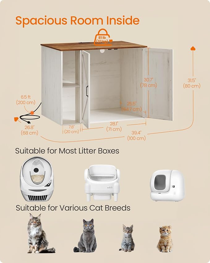 Feandrea Litter Robot Enclosure, Automatic Cat Litter Box Furniture with Charging Station, Adjustable Shelf, 39.4 x 26.8 x 31.5 Inches, Rustic Brown and Honey Brown UPCL052W201S - Image 4