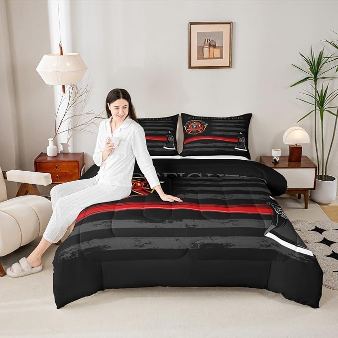 Firefighter Comforter Set Full Size,American Flag Geometric Stripes Bedding Set,Boys Girls Adults Room Decor,Fire Fighting Truck Tools Down Comforter,Red Black Fashion Duvet Insert,2 Pillowcases - Image 4