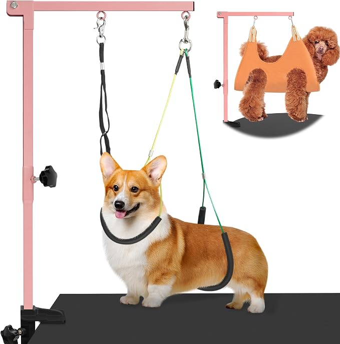 getlstub Dog Grooming Arm with Pet Grooming Hammock, 35" Pet Grooming Table Arm with Adjustable No Sit Haunch Holders, Dog Grooming Stand with Loop Noose for Small and Medium Pets, Pink by SimpleSolutionsforCozyHome