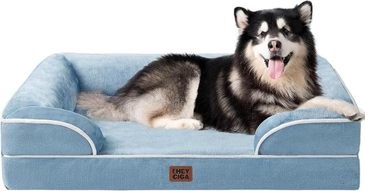 EHEYCIGA Orthopedic XXL Dog Bed, Waterproof Washable XL Big Pet Bed 48" | Non-Slip Bottom and Egg-Crate Memory Foam Extra Large Pet Couch Bed with Washable Removable Cover, Washed Blue by EHEYCIGA