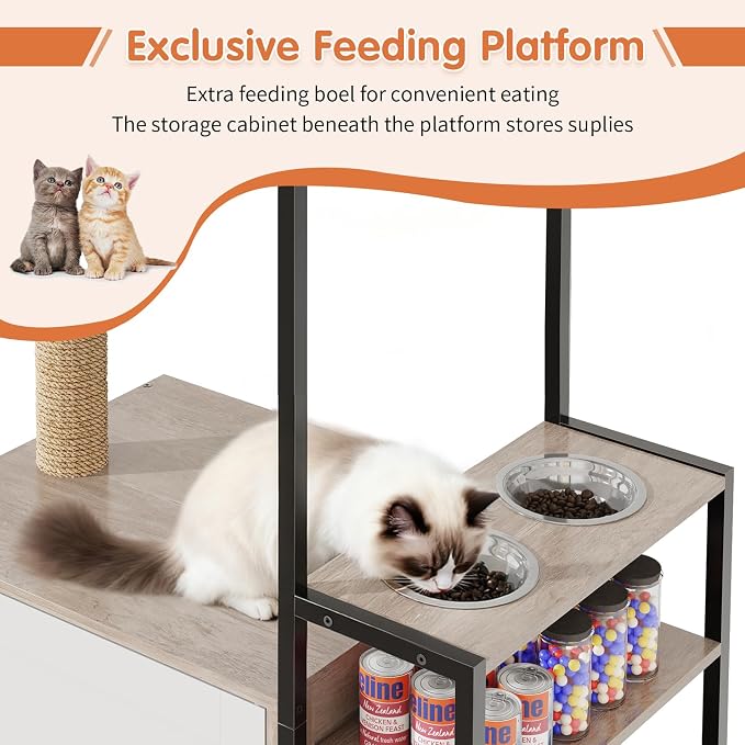 HavenlyYouth Cat Tree with Food Station and Litter Box Enclosure, Multi-Level Cat Tree Tower with Sisal Scratch Posts for Playtime, Plush Hammock in Gray for Cozy - Image 4