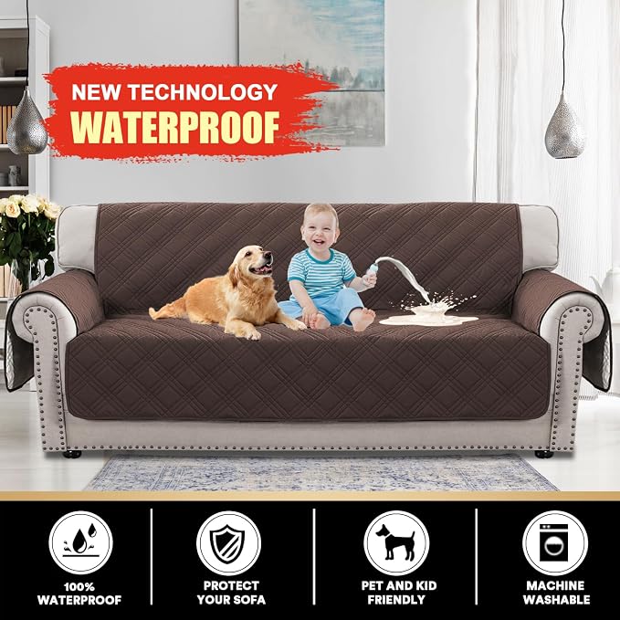 PrinceDeco 100% Waterproof Couch Cover for 3 Cushion Couch Sofa Pet Friendly Non-Slip Couch Cover for Dogs Washable Water Resistant Furniture Protector with Elastic Straps(XL Sofa 78", Brown) - Image 2