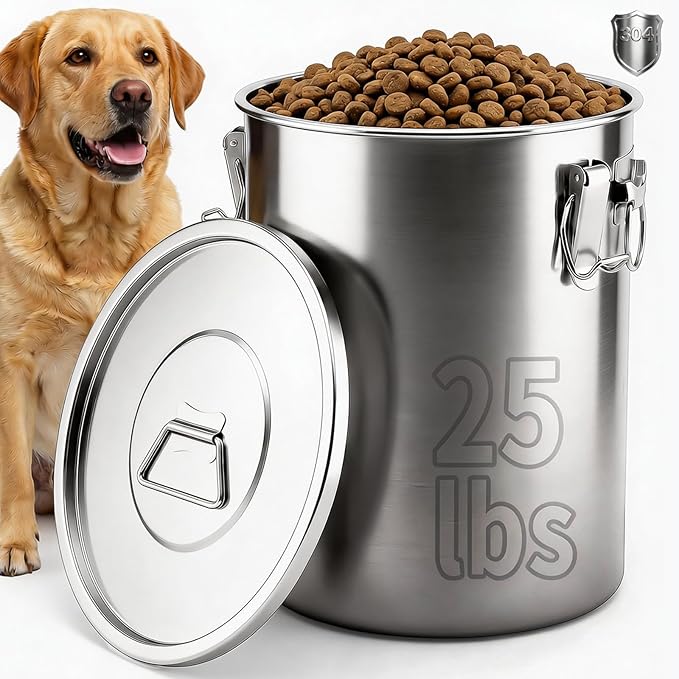 304 Stainless Steel Dog Food Storage Container, 25LB/30LB Airtight Pet Food Container with Locking Lid & Silicone Seal, Large Metal Food Storage Bin for Dry Dog/Cat Food, Rice, Flour (25 LBS) by Iriisy