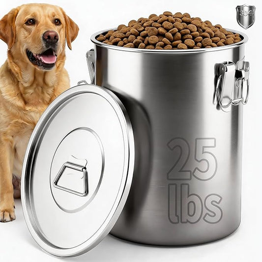304 Stainless Steel Dog Food Storage Container, 25LB/30LB Airtight Pet Food Container with Locking Lid & Silicone Seal, Large Metal Food Storage Bin for Dry Dog/Cat Food, Rice, Flour (25 LBS) by Iriisy