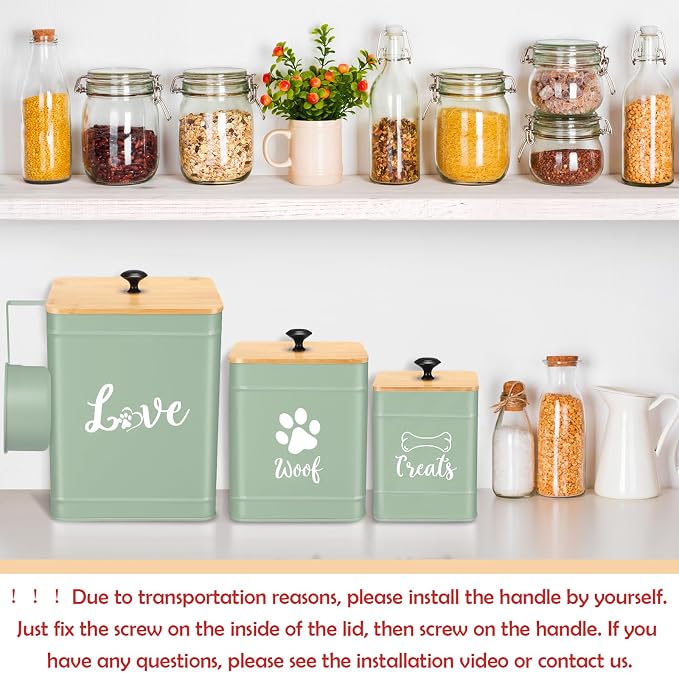 Jingmore Metal Dog Treat Containers Set of 3 with Bamboo Lids and Spoon Airtight 7+3+2 lbs Dog Food Snack Jars with DIY Labels Big Pet Cookie Storage Jar for Kitchen Counter (Sage Green,Cute) - Image 5