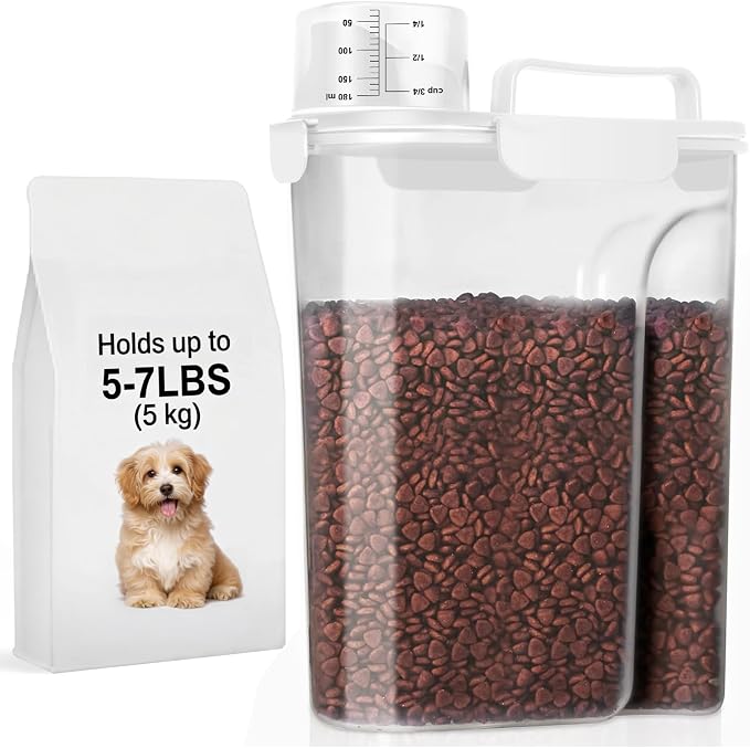 LEAWALK 5-7LBS Plastic Dog Cat Storage Container PBA-free, Pet Food Containers with 4-Buckle Handle Design is Leak-Proof, Easy to Clean and Portable-Whtie by LEAWALK
