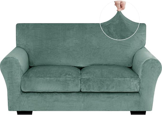 XINEAGE 3-Piece Velvet Loveseat Sofa Cover,Couch Covers for Dog,Light Green | 2 Cushion Loveseat,Stretch Non-slip Elastic, Pet-friendly, Washable, Fast Setup, Soft Plush Fabric, Furniture Protector. by XINEAGE