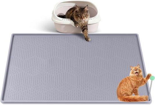 Silicone Cat Litter Box Mat 34'' x 22'' Cat Mat with Toy, Grey | Extra Large Litter Mat with lip, Non-Slip Waterproof Cat Litter Mat Litter Trapping Mat for Floor, Easy to Clean by Bartuke