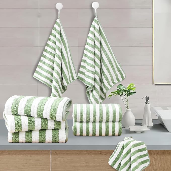 18-Piece Microfiber Bath Towels Set - 6 Bath Sheet, 6 Hand Towels, 6 Washcloths, Soft, Highly Absorbent Bathroom Towel, Quick Dry & Less Lint Shower towel for Bathroom, Hotel, Spa, Dorm-Light Green - Image 7