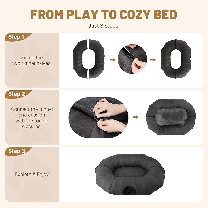 Extra Large Cat Tunnel, Cooling Natural Linen Big Tunnel for Large Cats, 47.2in Multi-Cat Family Long Cat Tunnel Bed with Washable Mat, Breathable & Durable Big Cat Tunnel for Cats, Dark Grey - Image 7