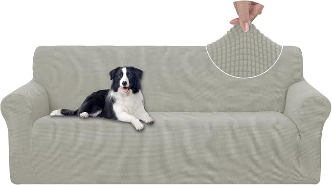 U-NICE HOME Stretch Couch Cover Slipcover for 3 Cushion Sofa, Taupe | 1-Piece Sofa cover, Washable, Pet friendly, Furniture protector, Polyester Spandex Jacquard fabric by U-NICEHOME