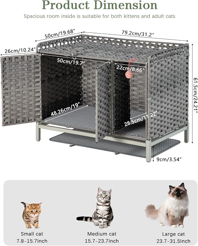 SETVSON Cat Litter Box Enclosure Furniture with Divider, Cat Cabinet,Gray | Handwoven PE Rattan with Soft Mat, 3.54-In Heightened Metal Feet, 2 S-Hooks, 31.2 x 19.6 x 24.2 Inches Spacious Cat Furniture - Image 4