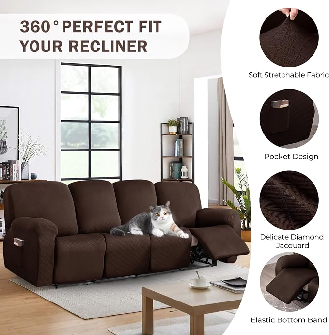 vctops Diamond Recliner Sofa Covers 10-Pieces Stretch Large RV Couch Covers for 4 Seats Reclining Slipcovers Soft Solid Furniture Protector (Dark Coffee,4 Seat) - Image 4