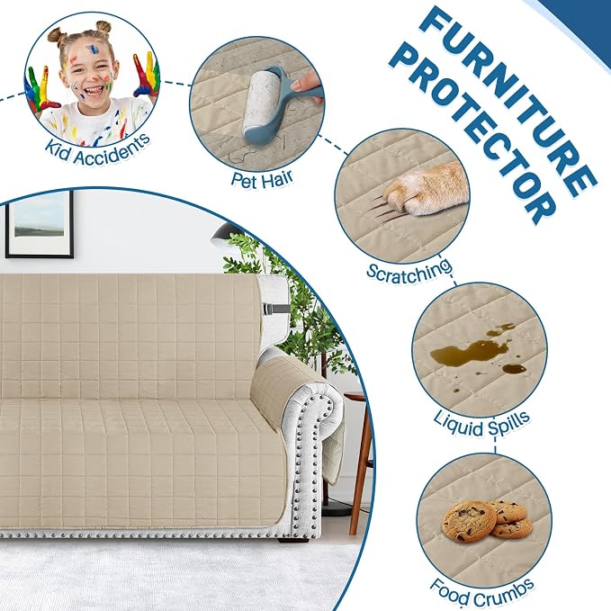 MAXIJIN Waterproof Love Seat Couch Covers 2 Cushion Sofa, 49" Quilted Loveseat Cover Slipcovers for Pets Dog Couch Cover Protector with Elastic Strap & Side Pocket (Loveseat, Khaki) - Image 7