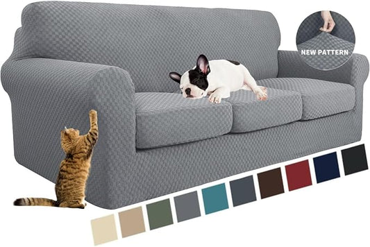 YEMYHOM Latest Checkered 4 Pieces Couch Covers for 3 Cushion Couch High Stretch Thickened Sofa Cover for Dogs Pets Elastic Slipcovers Living Room Furniture Protector (Light Gray), 71"-91"(3 Cushions) by YEMYHOM
