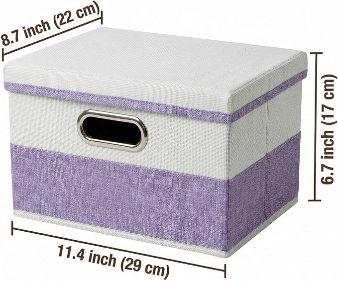 PRANDOM Storage Bins with Lids [3-Pack] Linen Fabric Foldable Storage Boxes Organizer Containers Baskets Cube with Cover for Bedroom Closet Office Purple&White（11.4X8.6X6.7 - Image 2