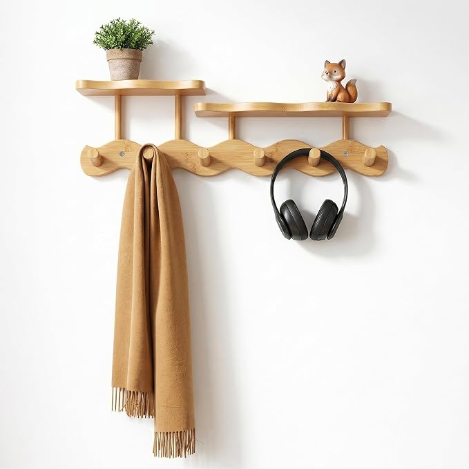 Wave-Shaped Bamboo Coat Rack Wall Mount with Shelf - Modern 6-Hook Rack | Modern Sculptural Wave Decor, Organic Wood Wall Organizer with Storage Shelf, Eco-Friendly Coat Rack for Hanging Bags, Keys by Unknown