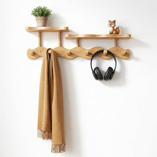 Wave-Shaped Bamboo Coat Rack Wall Mount with Shelf - Modern 6-Hook Rack | Modern Sculptural Wave Decor, Organic Wood Wall Organizer with Storage Shelf, Eco-Friendly Coat Rack for Hanging Bags, Keys by Unknown