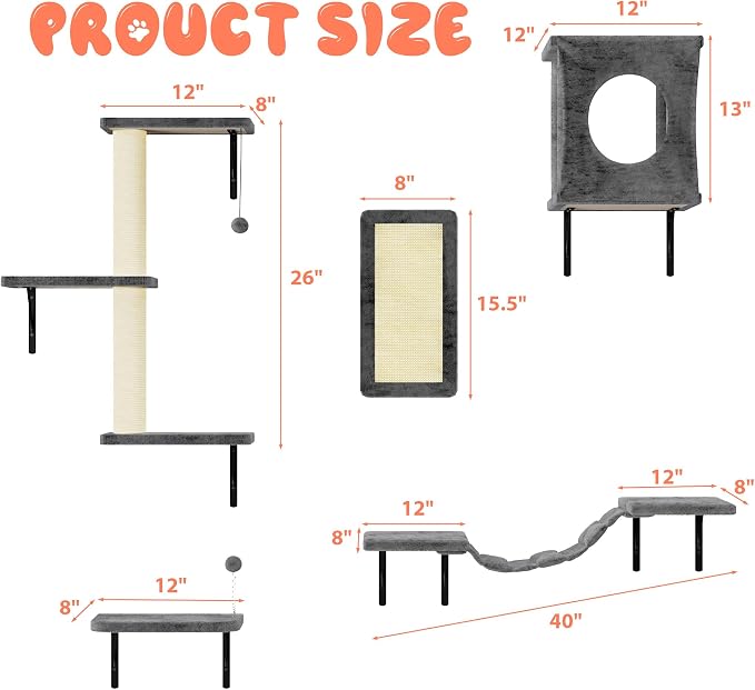 NUNU LAB Cat Wall Shelves Set, 5 Pcs Wall-Mounted Cat Climber with Cat House, Bridge, Scratching Post, Hammock, Wall Shelves, Gray - Image 5