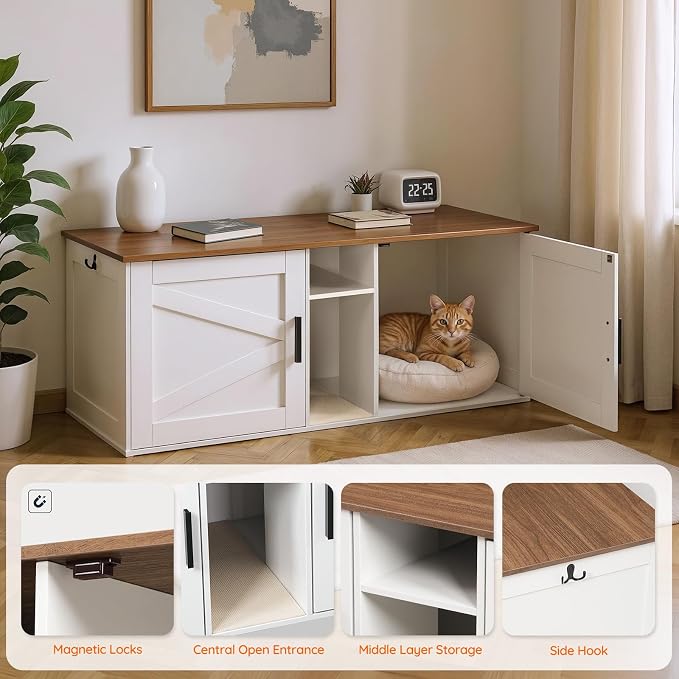 HOOBRO Double Litter Box Enclosure, Modern Cat Litter Box Furniture with Storage and Mat Design, Farmhouse Hidden Litter Box Enclosure with 2 Hooks, White and Walnut WH23MW01 - Image 7