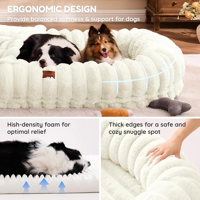 ChiXnuggle Orthopedic Human Dog Bed,Striped Faux Fur Washable Cover,Blanket | cream,72*40*10,giant dog bed for adult or extra large dogs,egg crate foam,non-slip bottom - Image 4