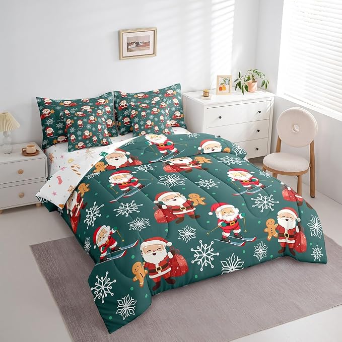 Erosebridal 7Pcs Cartoon Santa Claus Comforter Set Twin Size,Xmas Gingerbread Bedding Set,Christmas Snowboard Snowflake Bed in A Bag,Cute Christmas Ornaments Quilt with Flat Fitted Sheet - Image 4