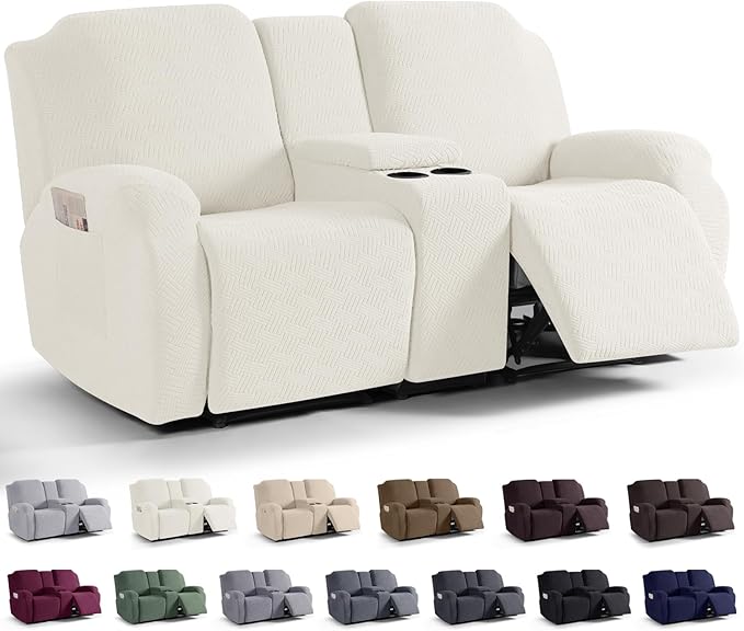 KinCam Loveseat Recliner Covers with Middle Console Slipcover, Cream | Stretch Recliner Sofa Covers for 2 Seat Couch Cover, Jacquard Furniture Protector Covers with Elastic Bottom for Kids, Pets by KinCam